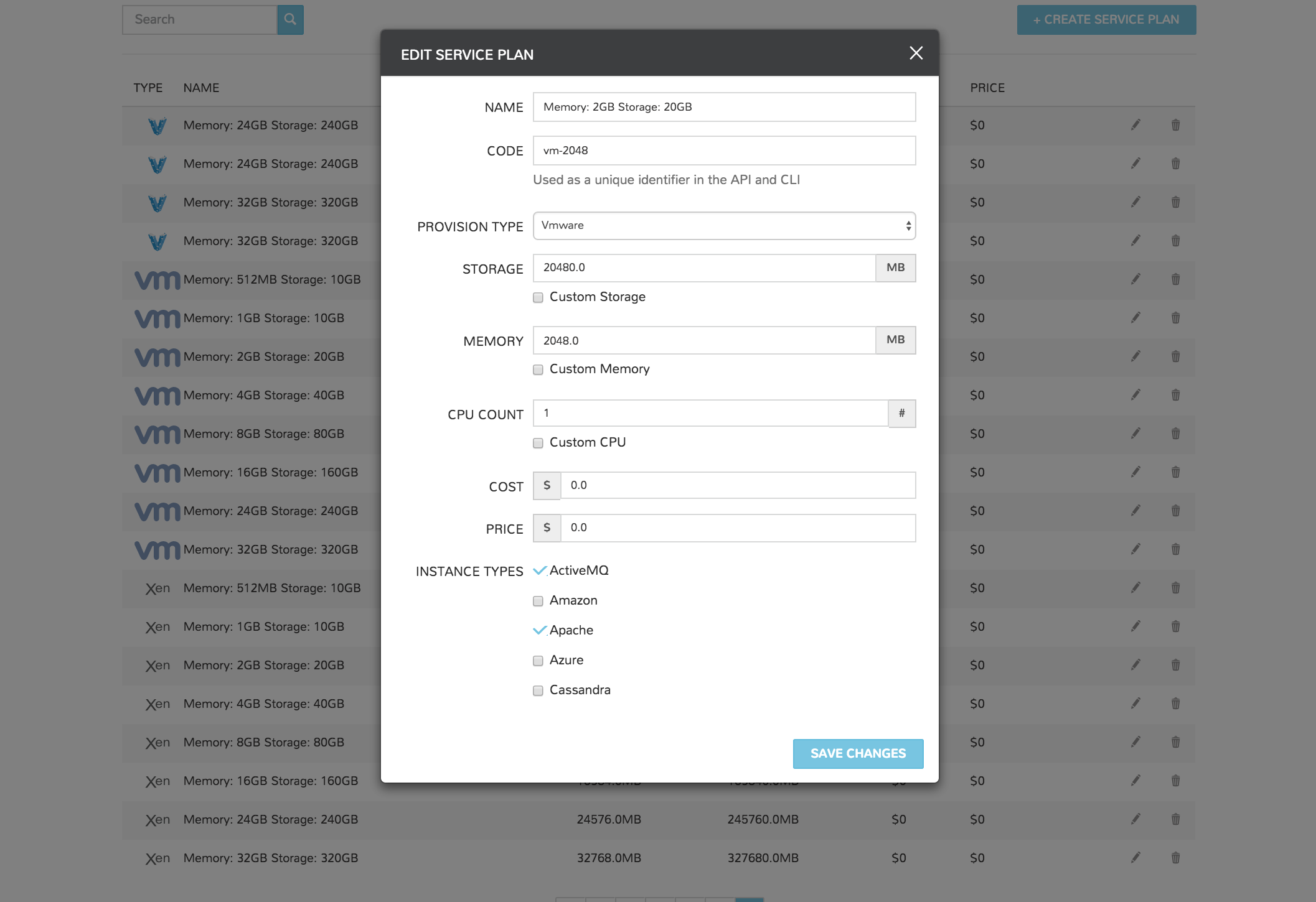 Plans & Pricing management screen for VMware provider type